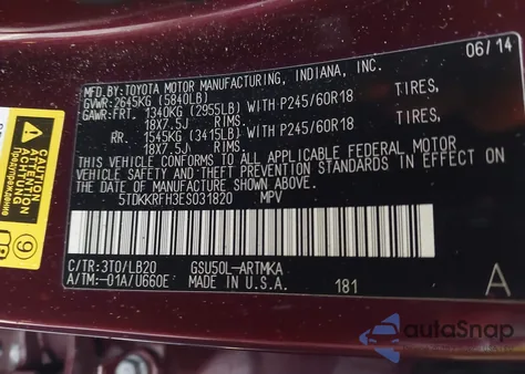 2014 Toyota Highlander Xle V6 z USA, uszkodzony, nr VIN 5TDKKRFH3ES031820